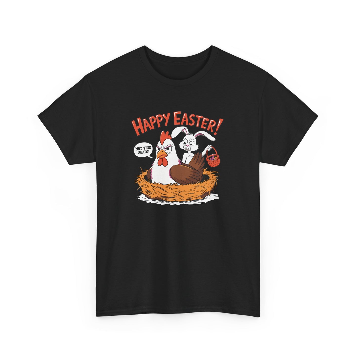 Black Easter T-shirt showcasing a humorous Easter bunny and hen mix-up, a playful and fun design for festive gatherings. Hop into the season in style and shop Easter shirts online today!
