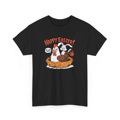 Black Easter T-shirt showcasing a humorous Easter bunny and hen mix-up, a playful and fun design for festive gatherings. Hop into the season in style and shop Easter shirts online today!
