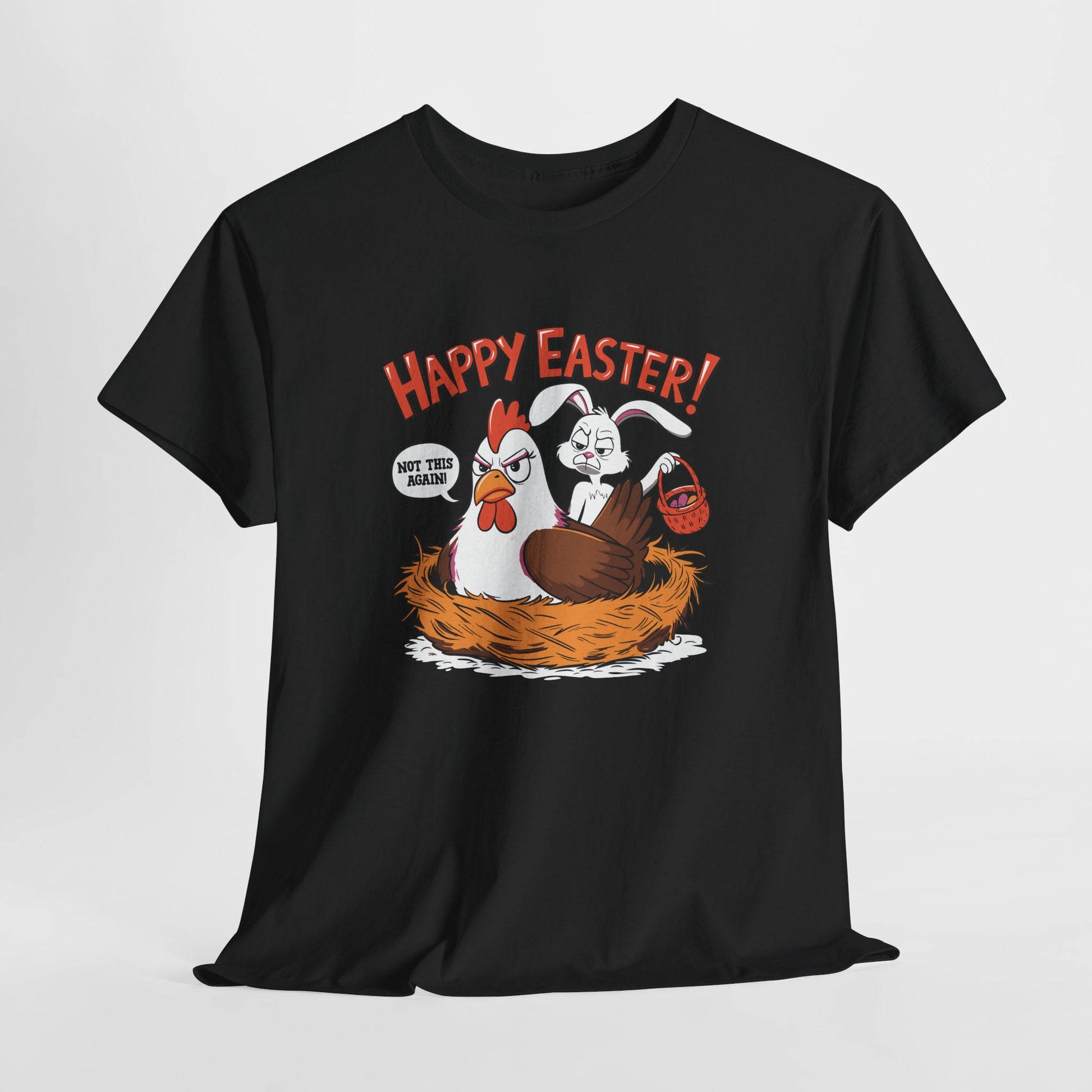 Black T-shirt hanging, showcasing a humorous Easter Bunny and hen design with "Happy Easter!" text, perfect for holiday laughs. Hop into the season in style and shop Easter shirts online today!
