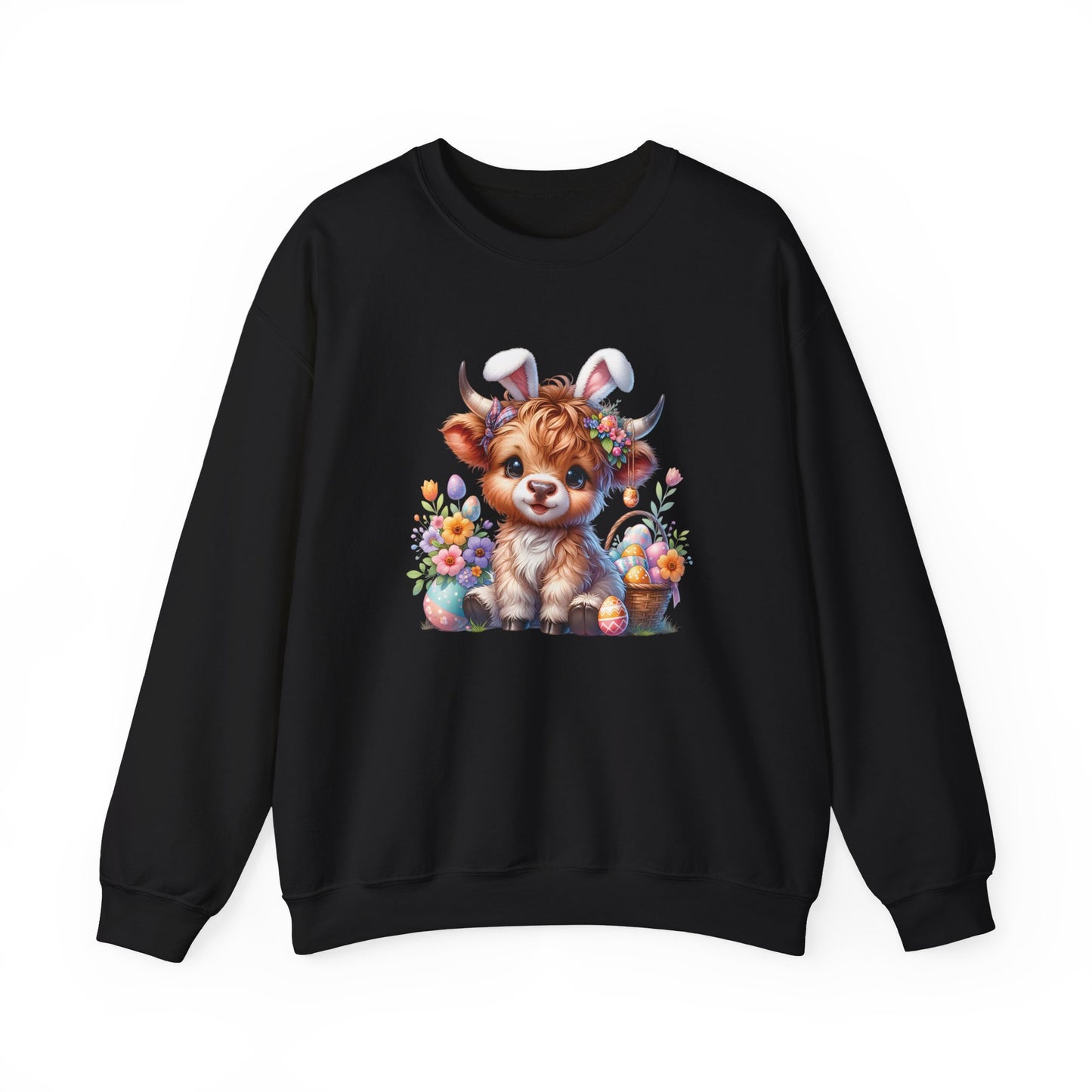 Front view of black sweater jumper featuring Easter Highland cow with flowers. Part of the Vivid Divergence Sensory Friendly Unisex Sweater Jumper Range.

