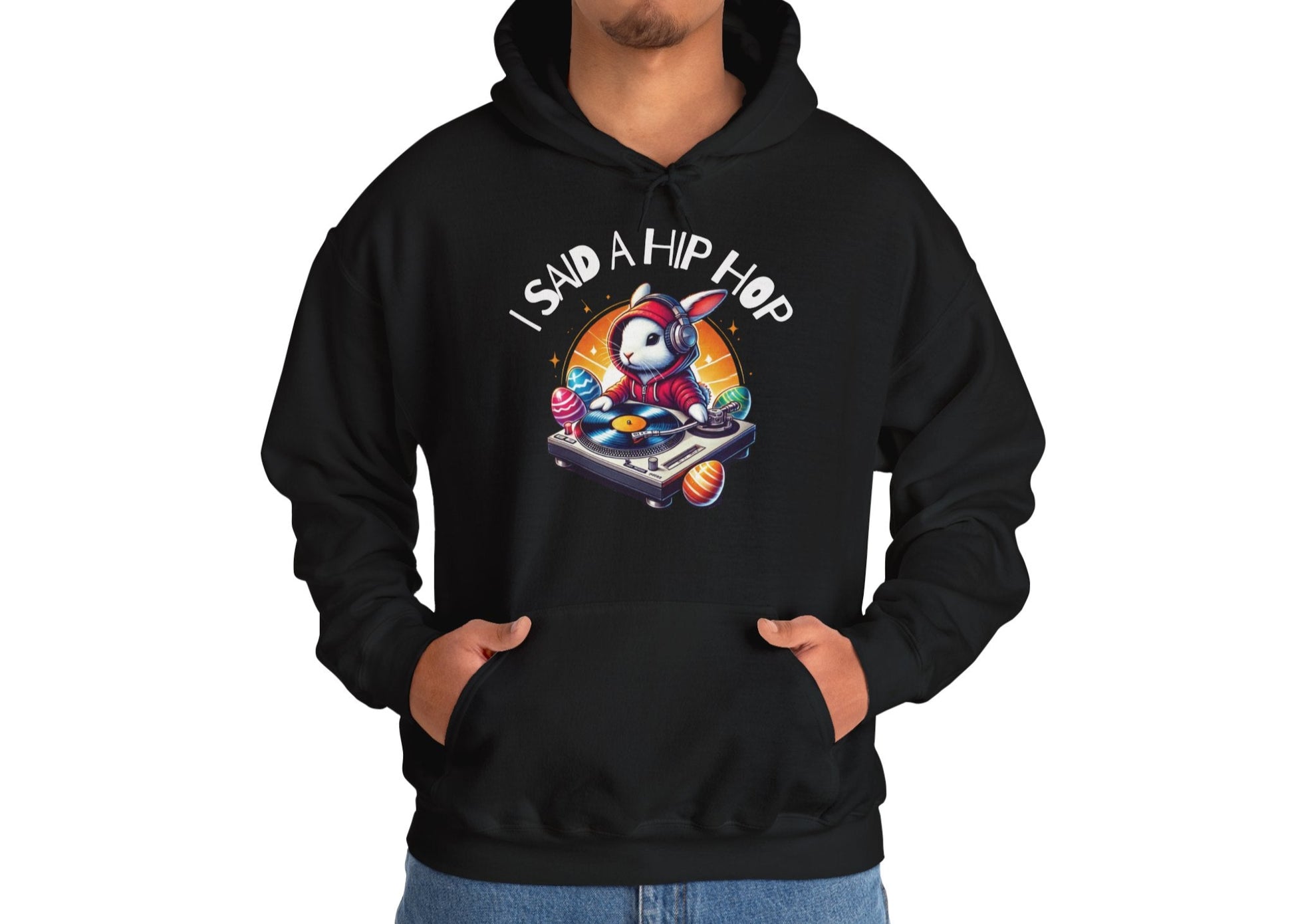 Man modeling black hoodie with “I Said A Hip Hop” Easter design. Part of the Vivid Divergence Sensory Friendly Unisex Hoodies Range.