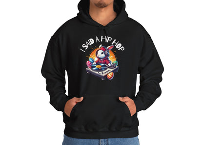 Man modeling black hoodie with “I Said A Hip Hop” Easter design. Part of the Vivid Divergence Sensory Friendly Unisex Hoodies Range.