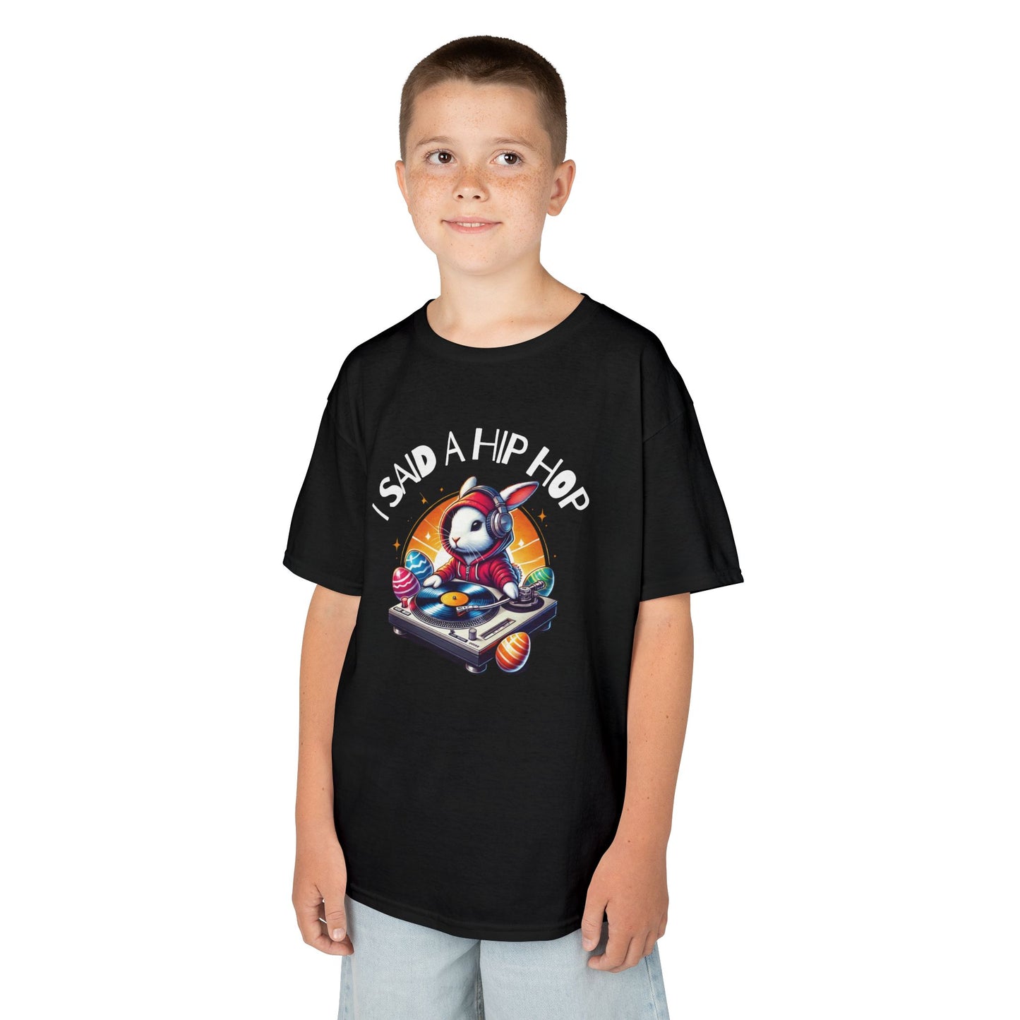 Child wearing a black Easter T-shirt featuring a rapping bunny with "I Said A Hip Hop" text, a cool and fun holiday look. Hop into the season in style and shop Easter shirts online today!
