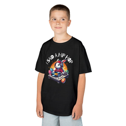 Child wearing a black Easter T-shirt featuring a rapping bunny with "I Said A Hip Hop" text, a cool and fun holiday look. Hop into the season in style and shop Easter shirts online today!
