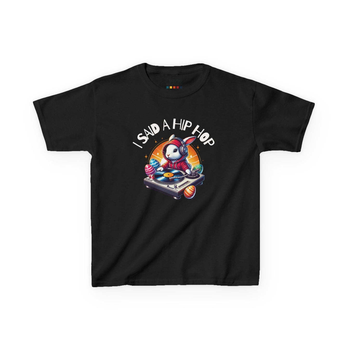 Black kids' T-shirt featuring a hip-hop Easter bunny with "I Said A Hip Hop" text, inspired by Rapper’s Delight, perfect for a fun holiday look. Hop into the season in style and shop Easter shirts online today!