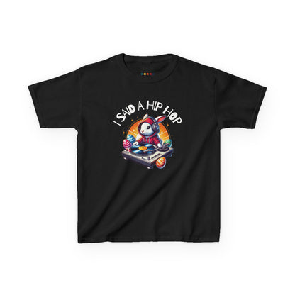 Black kids' T-shirt featuring a hip-hop Easter bunny with "I Said A Hip Hop" text, inspired by Rapper’s Delight, perfect for a fun holiday look. Hop into the season in style and shop Easter shirts online today!