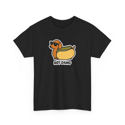 Front view of a black T-shirt featuring a "Hot Dawg" design with a cartoon dachshund inside a hot dog bun wearing sunglasses. Part of the Vivid Divergence Sensory Friendly Unisex Tees Range.