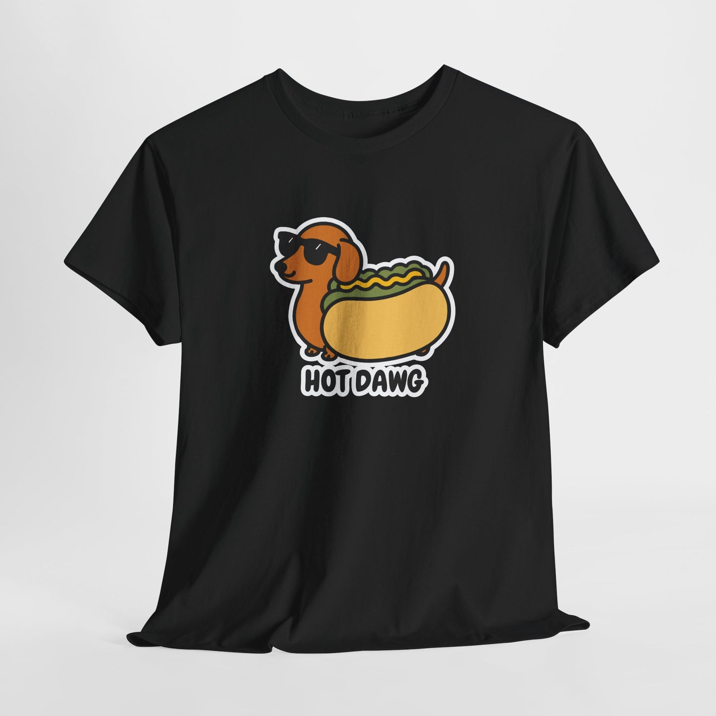 Hanging black T-shirt featuring a "Hot Dawg" design with a cartoon dachshund inside a hot dog bun wearing sunglasses. Part of the Vivid Divergence Sensory Friendly Unisex Tees Range.