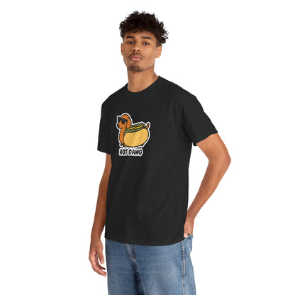Model wearing a black T-shirt featuring a "Hot Dawg" design with a cartoon dachshund inside a hot dog bun wearing sunglasses. Part of the Vivid Divergence Sensory Friendly Unisex Tees Range.