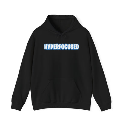 Front view of a black hoodie featuring the word "HYPERFOCUSED" in a bold, blue Fortnite-style font. Part of the Vivid Divergence Sensory Friendly Unisex Hoodie Range.