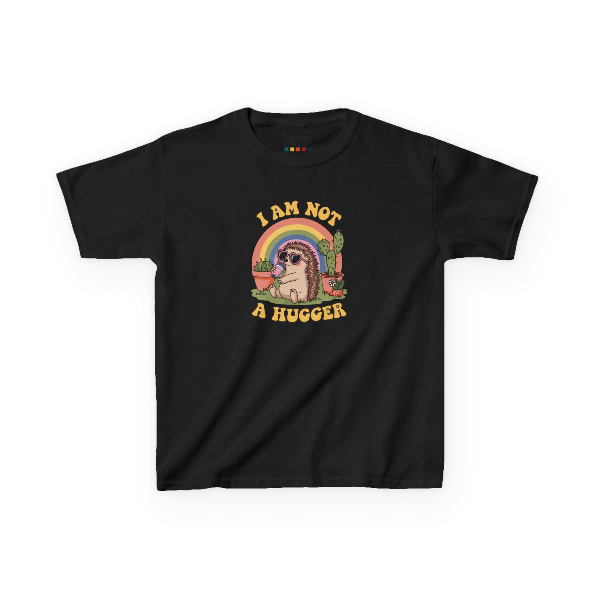 Front view of a black "I Am Not A Hugger" kids T-shirt featuring a cute cactus graphic with a rainbow background. Part of the Vivid Divergence Sensory Friendly Kids Shirts Range. The perfect T-shirt for sensory-sensitive kids and comes with a Sensory Satisfaction Promise.