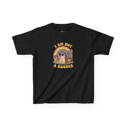 Front view of a black "I Am Not A Hugger" kids T-shirt featuring a cute cactus graphic with a rainbow background. Part of the Vivid Divergence Sensory Friendly Kids Shirts Range. The perfect T-shirt for sensory-sensitive kids and comes with a Sensory Satisfaction Promise.