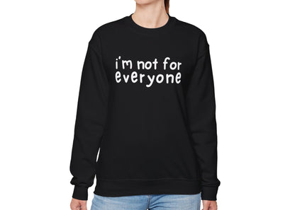 Model wearing a black sweater jumper with the text "I'm Not For Everyone" in bold white lettering. Part of the Vivid Divergence Sensory Friendly Unisex Sweater Jumper Range.