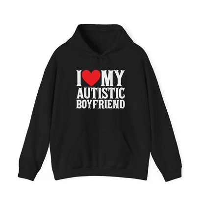 Front view of a black hoodie featuring bold white text that reads "I ❤️ My Autistic Boyfriend," with a red heart symbol. Part of the Vivid Divergence Sensory Friendly Unisex Hoodie Range.