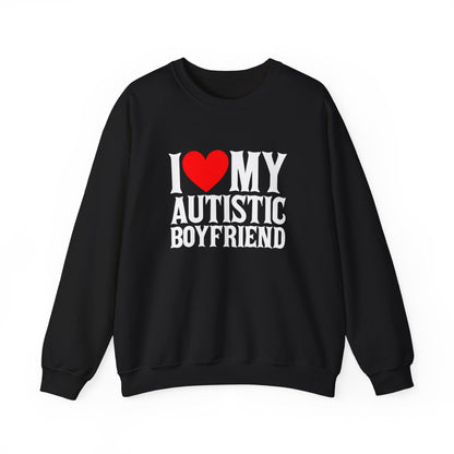 Front view of a black sweater jumper with the text "I ❤️ My Autistic Boyfriend" in bold white and red lettering. Part of the Vivid Divergence Sensory Friendly Unisex Sweater Jumper Range.
