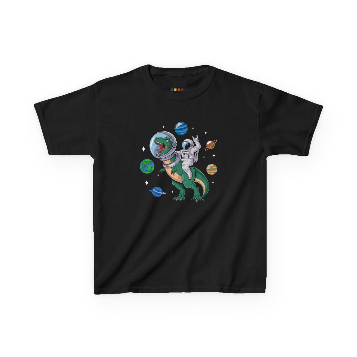 Front view of a black "Jurassic Space Jam" kids T-shirt featuring a dinosaur and astronaut floating among planets. Part of the Vivid Divergence Sensory Friendly Kids Shirts Range. The perfect T-shirt for sensory-sensitive kids and comes with a Sensory Satisfaction Promise.