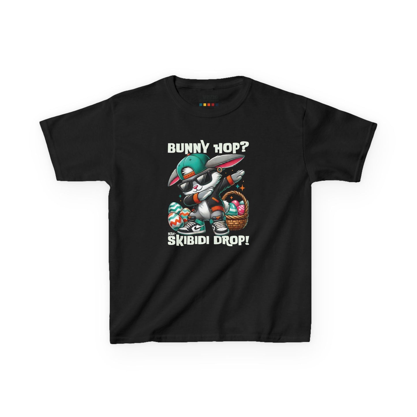 Black kids' T-shirt with dabbing Easter bunny and "Bunny Hop? Nah, Skibidi Drop!" text. A fun, bold shirt radiating skibidi sigma rizz energy for Easter. Hop into the season in style and shop Easter shirts online today!
