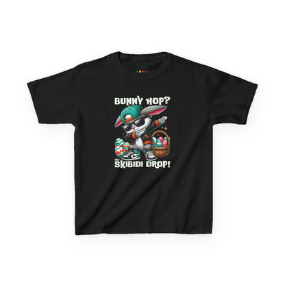 Black kids' T-shirt with dabbing Easter bunny and "Bunny Hop? Nah, Skibidi Drop!" text. A fun, bold shirt radiating skibidi sigma rizz energy for Easter. Hop into the season in style and shop Easter shirts online today!
