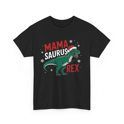 Front view of a black T-shirt featuring a "Mama-Saurus Rex" design with a festive dinosaur illustration. Part of the Vivid Divergence Sensory Friendly Unisex Tees Range.