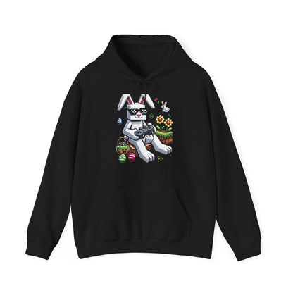 Front view of black hoodie with Minecraft bunny holding Easter eggs. Part of the Vivid Divergence Sensory Friendly Unisex Hoodies Range.