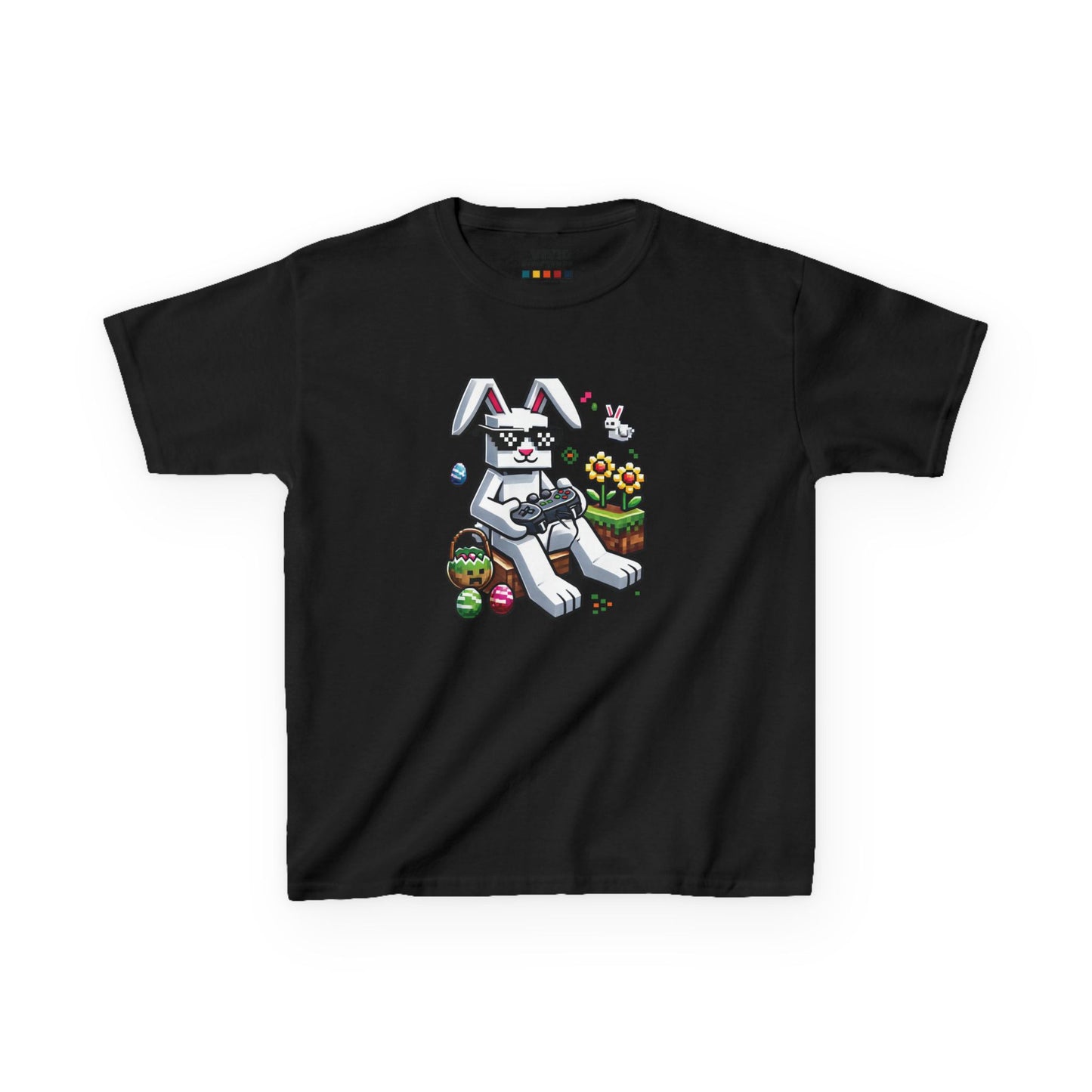Black kids' T-shirt featuring a blocky Easter bunny with decorated eggs, ideal for young Minecraft lovers. Hop into the season in style and shop Easter shirts online today!