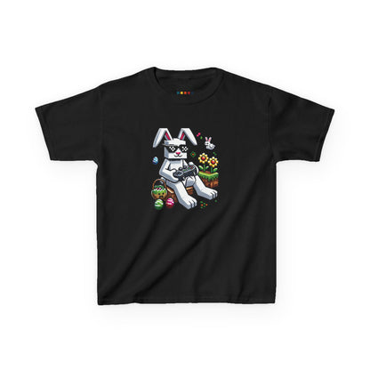 Black kids' T-shirt featuring a blocky Easter bunny with decorated eggs, ideal for young Minecraft lovers. Hop into the season in style and shop Easter shirts online today!