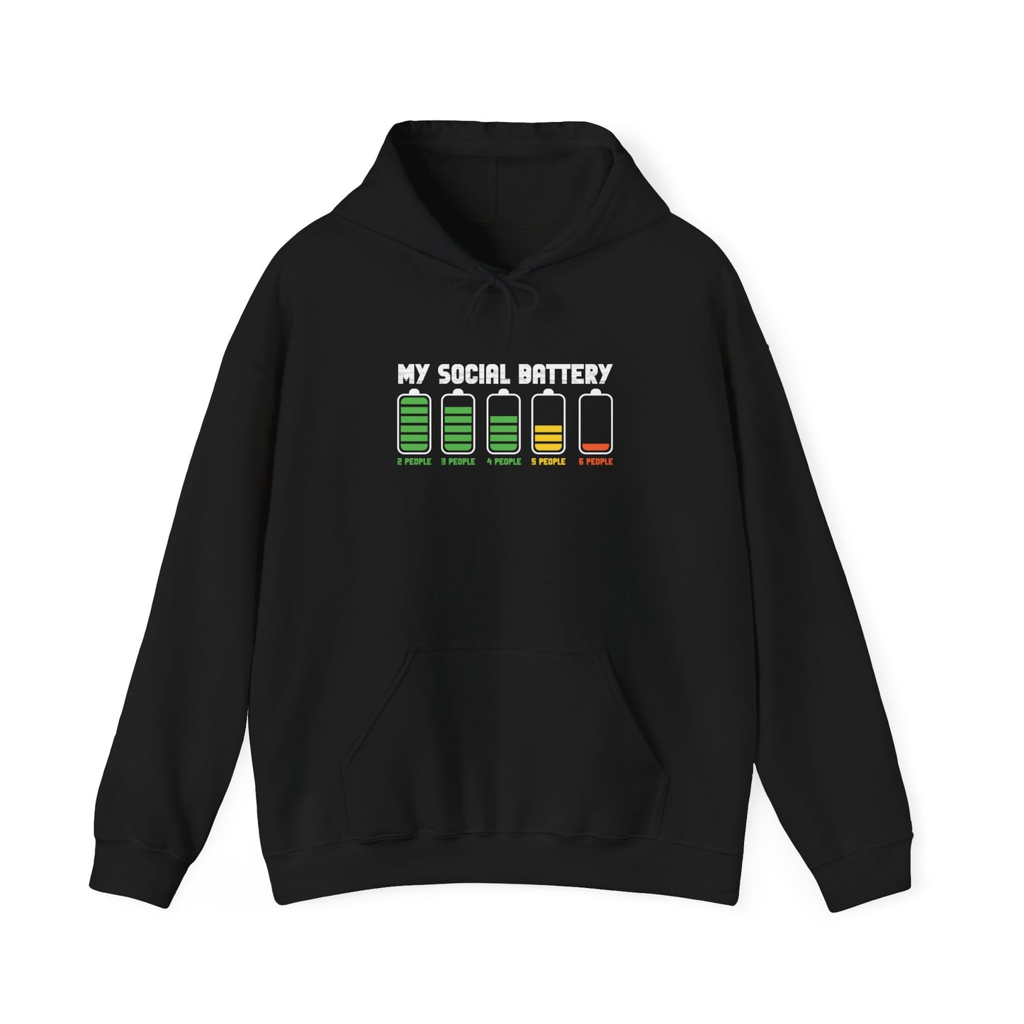 Front view of a black hoodie featuring the text "My Social Battery" with a series of battery icons decreasing from full to empty. Part of the Vivid Divergence Sensory Friendly Unisex Hoodie Range.