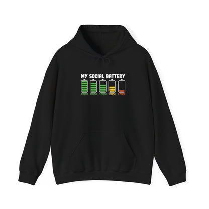 Front view of a black hoodie featuring the text "My Social Battery" with a series of battery icons decreasing from full to empty. Part of the Vivid Divergence Sensory Friendly Unisex Hoodie Range.