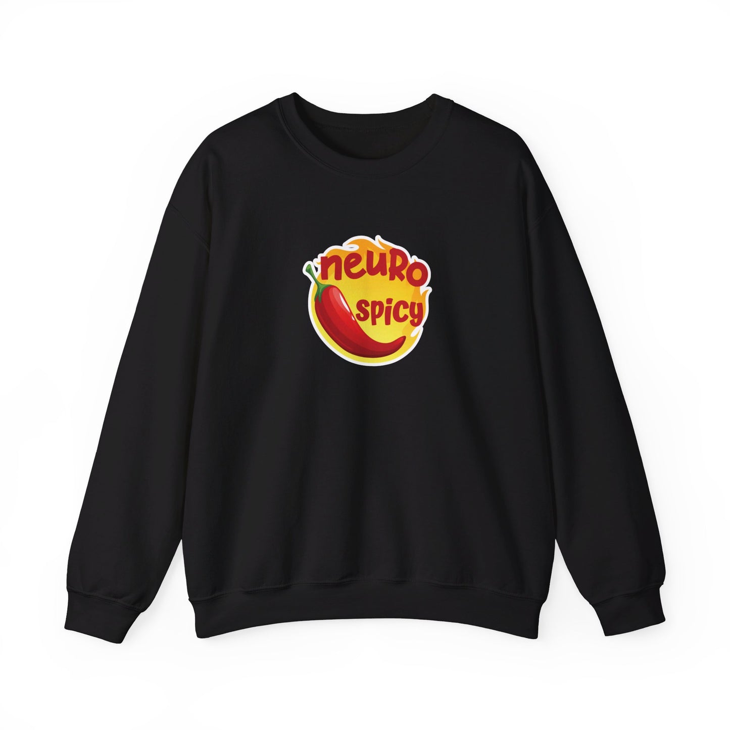 Front view of a black sweater jumper featuring a red chili pepper graphic with the text "Neuro-Spicy" in bold yellow lettering. Part of the Vivid Divergence Sensory Friendly Unisex Sweater Jumper Range.