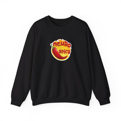 Front view of a black sweater jumper featuring a red chili pepper graphic with the text "Neuro-Spicy" in bold yellow lettering. Part of the Vivid Divergence Sensory Friendly Unisex Sweater Jumper Range.