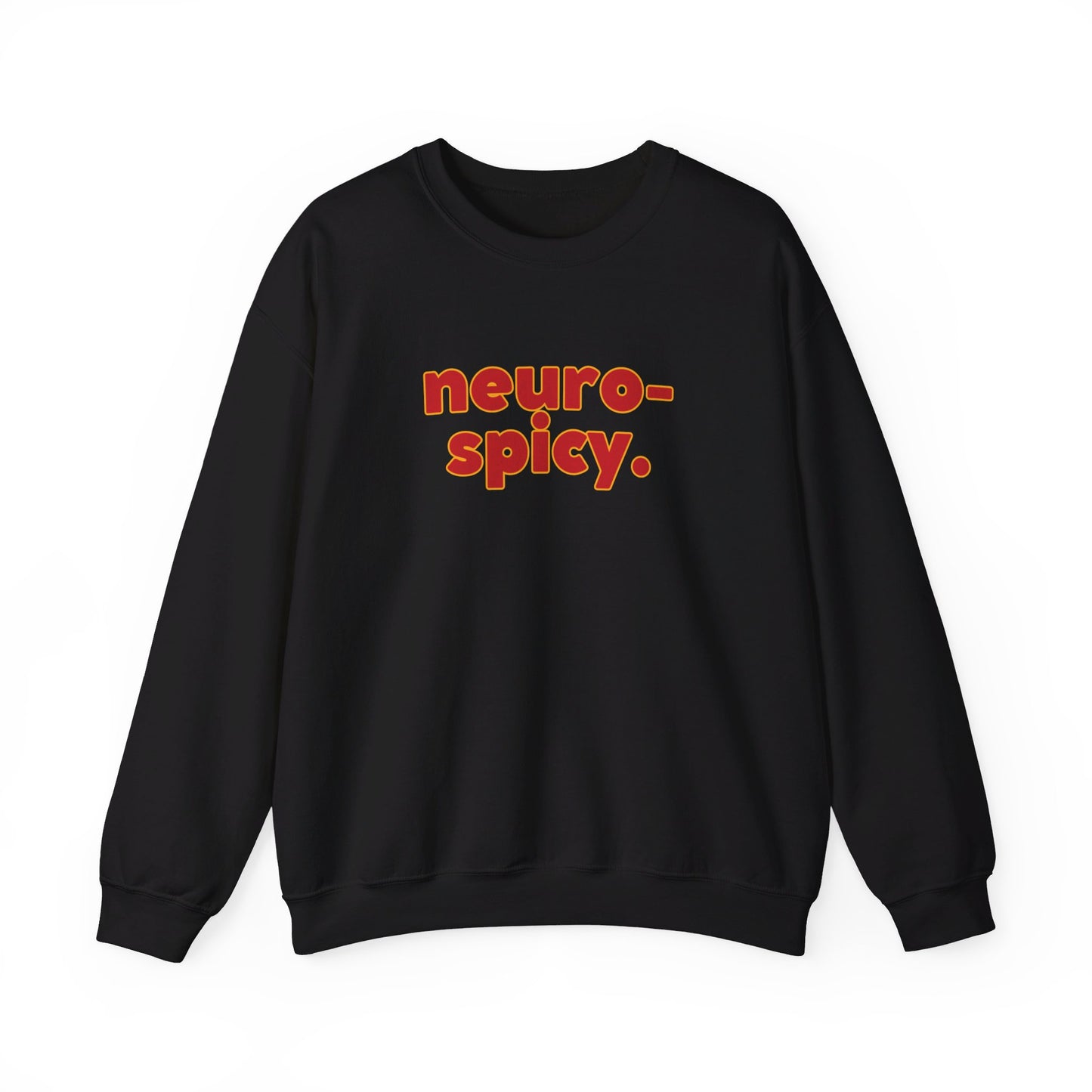 Front view of a black sweater jumper with the text "neuro-spicy." in bold red lettering. Part of the Vivid Divergence Sensory Friendly Unisex Sweater Jumper Range.