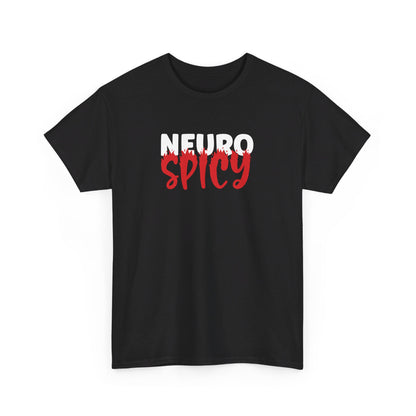 Front view of a black T-shirt with "Neuro Spicy" text in bold white and red. Part of the Vivid Divergence Sensory Friendly Unisex Tees Range.