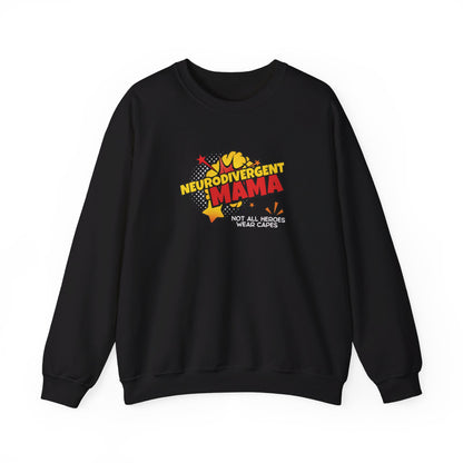 Front view of a black sweater jumper with the text "Neurodivergent Mama" in bold yellow and red lettering, surrounded by starburst graphics. Part of the Vivid Divergence Sensory Friendly Unisex Sweater Jumper Range.