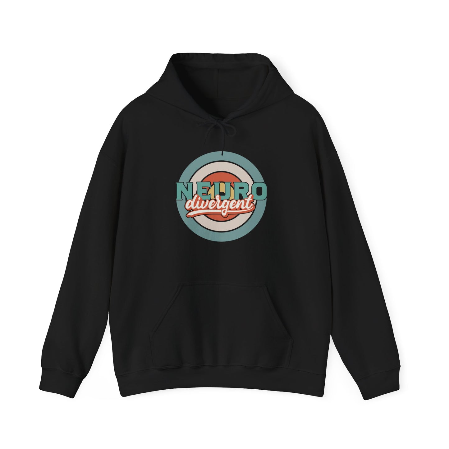 Front view of a black hoodie featuring a retro-style circular target design with the word "Neurodivergent" in bold lettering. Part of the Vivid Divergence Sensory Friendly Unisex Hoodie Range.
