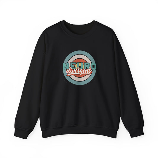 Front view of a black sweatshirt featuring a retro-style circular target design with the word "Neurodivergent" in bold lettering. Part of the Vivid Divergence Sensory Friendly Unisex Sweater Jumper Range.