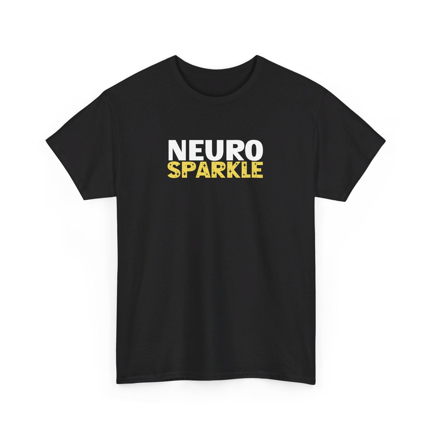 Front view of a black T-shirt with "Neurosparkle" in bold white and yellow text. Part of the Vivid Divergence Sensory Friendly Unisex Tees Range.