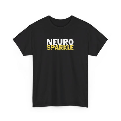 Front view of a black T-shirt with "Neurosparkle" in bold white and yellow text. Part of the Vivid Divergence Sensory Friendly Unisex Tees Range.