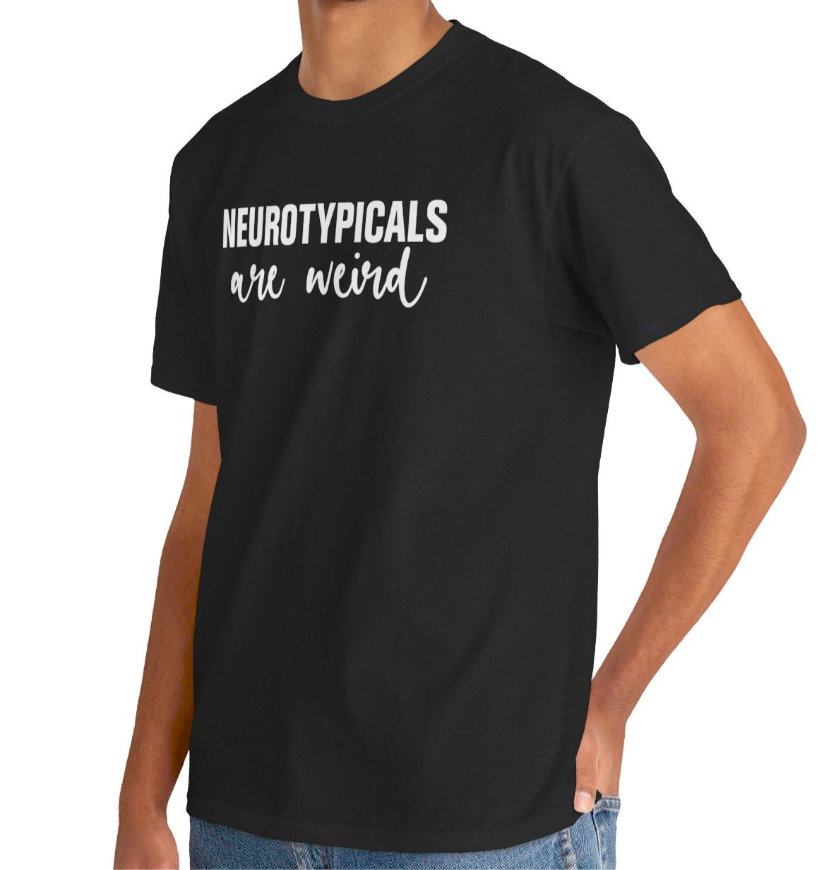 Model wearing a black T-shirt with "Neurotypicals Are Weird" in bold white text. Part of the Vivid Divergence Sensory Friendly Unisex Tees Range.