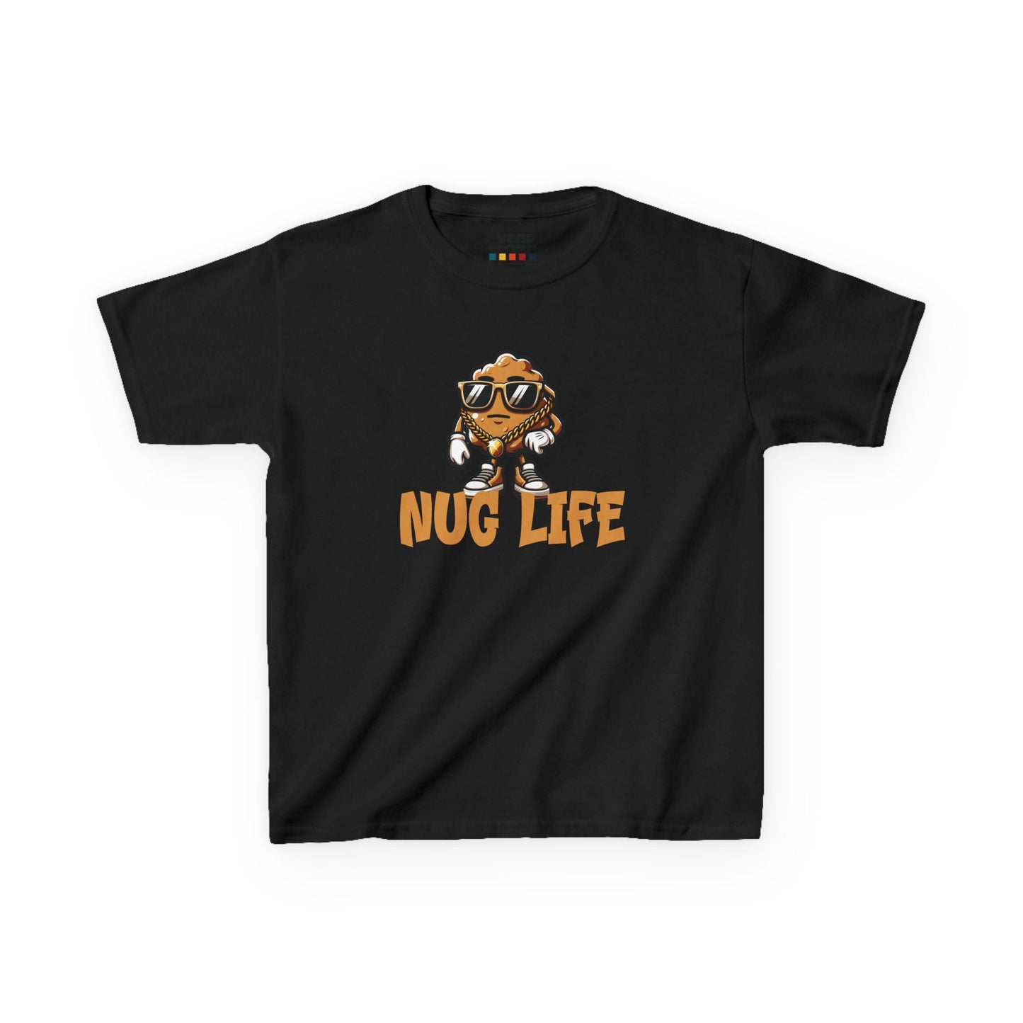 Front view of a black "Nug Life" chicken nuggets kids T-shirt featuring a cool cartoon chicken nugget wearing sunglasses. Part of the Vivid Divergence Sensory Friendly Kids Shirts Range. The perfect T-shirt for sensory-sensitive kids and comes with a Sensory Satisfaction Promise.