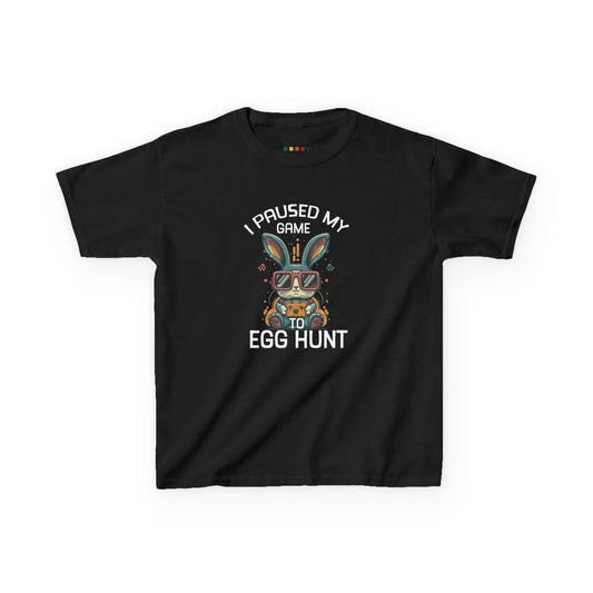 Black kids' T-shirt featuring "I Paused My Game to Egg Hunt" text with a cool gaming-inspired Easter bunny, perfect for young gamers. Hop into the season in style and shop Easter shirts online today!