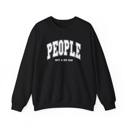 Front view of a black sweater jumper with the text "People. Not a Big Fan" in bold white lettering. Part of the Vivid Divergence Sensory Friendly Unisex Sweater Jumper Range.