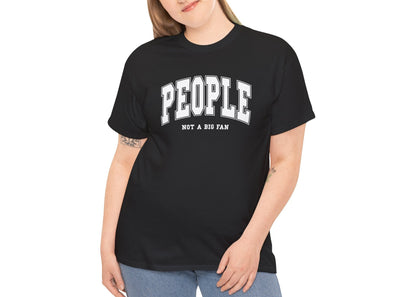 Model wearing a black T-shirt with "People, Not a Big Fan" in bold white text. Part of the Vivid Divergence Sensory Friendly Unisex Tees Range.