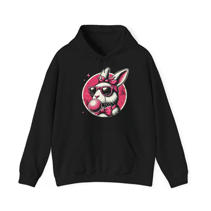 Front view of black hoodie with retro bubblegum-blowing bunny graphic. Part of the Vivid Divergence Sensory Friendly Unisex Hoodies Range.