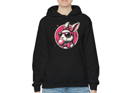 Woman wearing black hoodie with retro Easter bunny blowing bubblegum. Part of the Vivid Divergence Sensory Friendly Unisex Hoodies Range.