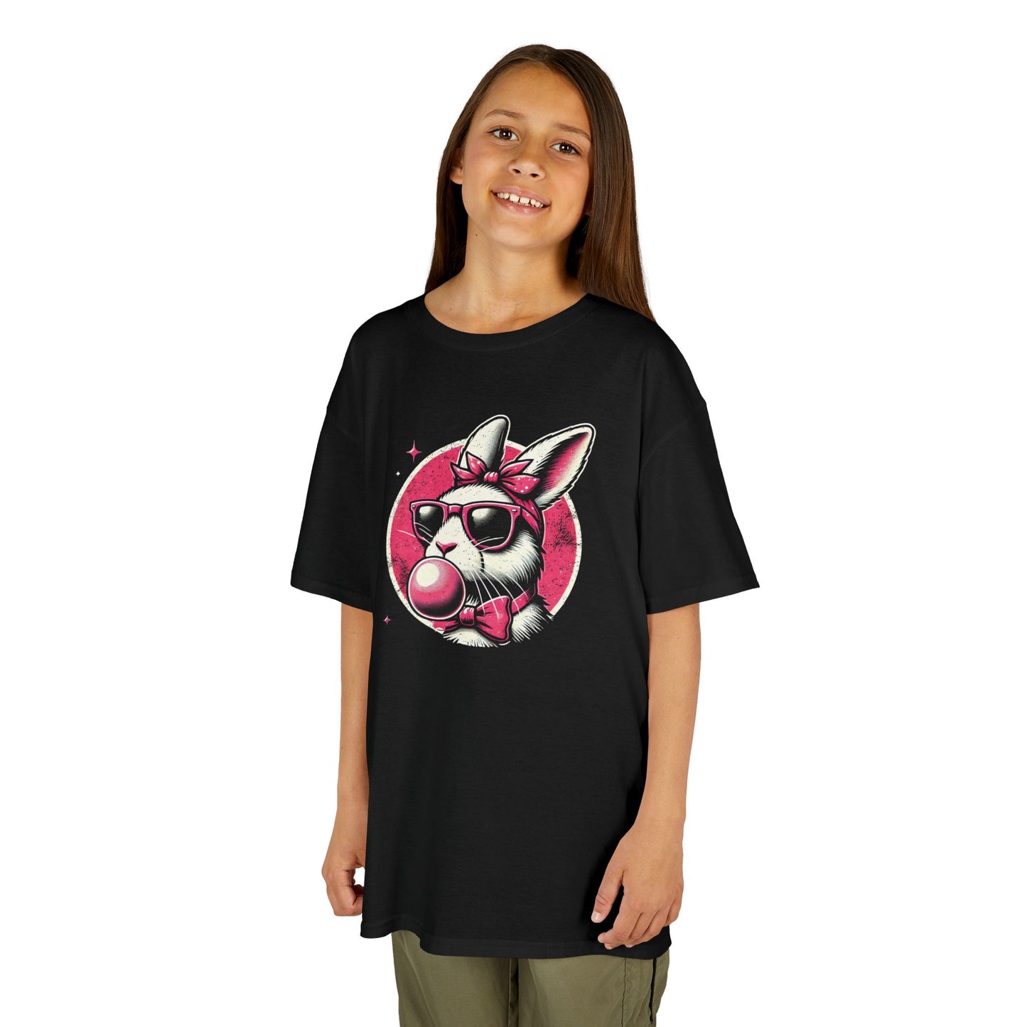 Child wearing a black Easter T-shirt featuring a retro bubblegum-blowing bunny, a stylish and playful holiday look. Hop into the season in style and shop Easter shirts online today!