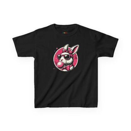 Black kids' T-shirt featuring a retro-style bunny blowing bubblegum, a cool and unique Easter design. Hop into the season in style and shop Easter shirts online today!