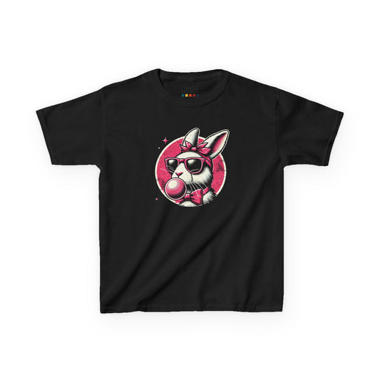 Black kids' T-shirt featuring a retro-style bunny blowing bubblegum, a cool and unique Easter design. Hop into the season in style and shop Easter shirts online today!
