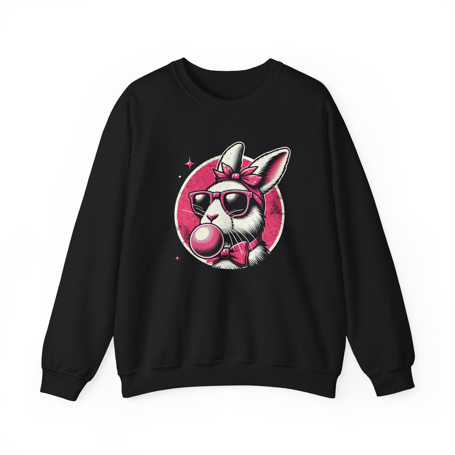 Front view of black sweater jumper with retro bunny blowing bubblegum design. Part of the Vivid Divergence Sensory Friendly Unisex Sweater Jumper Range.
