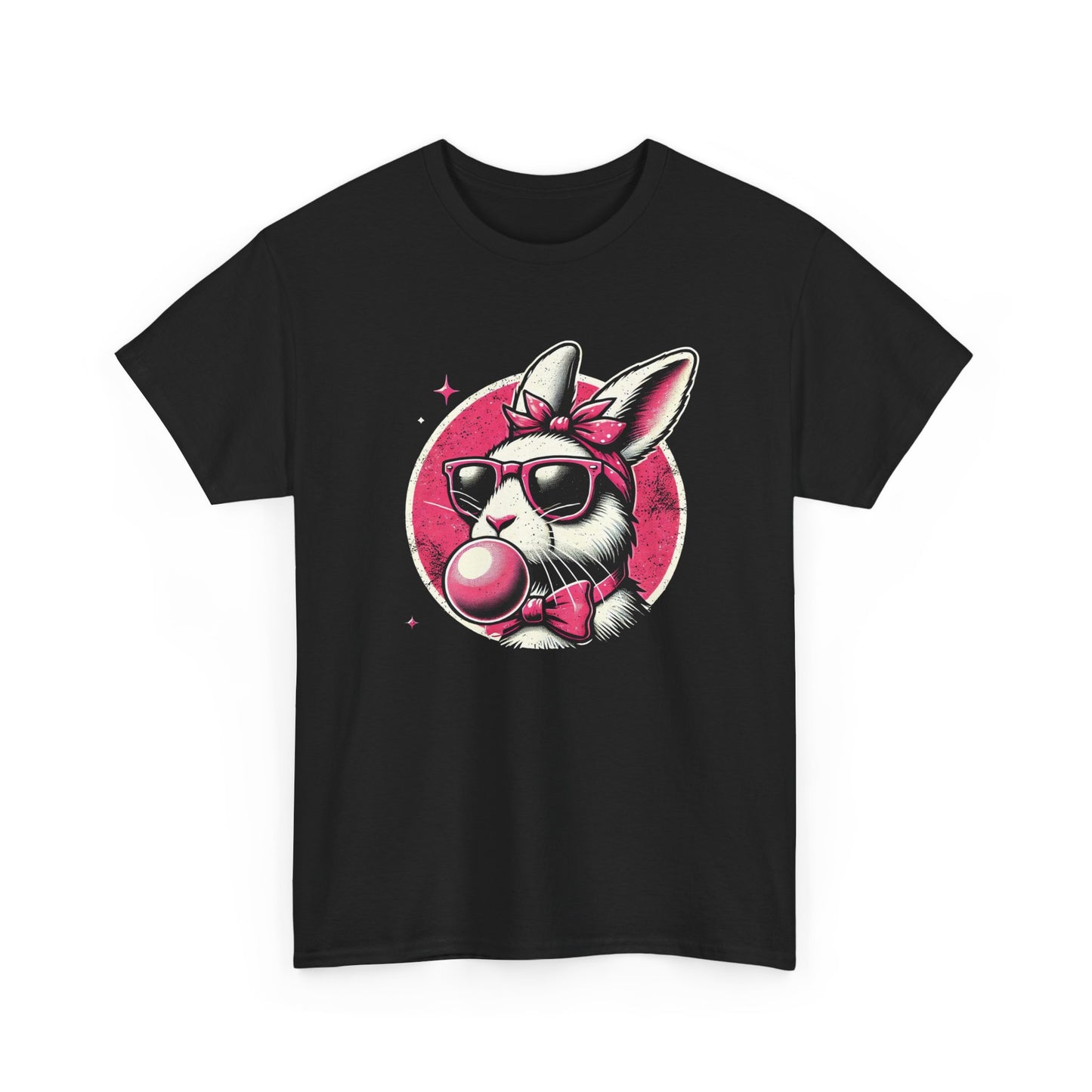 Black Easter T-shirt featuring a retro-style bunny wearing sunglasses and blowing bubblegum, perfect for kids with attitude. Hop into the season in style and shop Easter shirts online today!