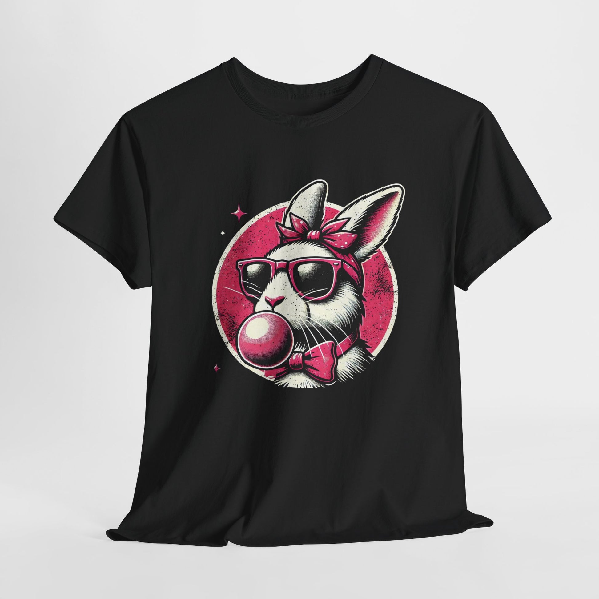 Black T-shirt hanging, featuring a retro bunny wearing sunglasses and blowing bubblegum, a stylish and playful Easter design. Hop into the season in style and shop Easter shirts online today!